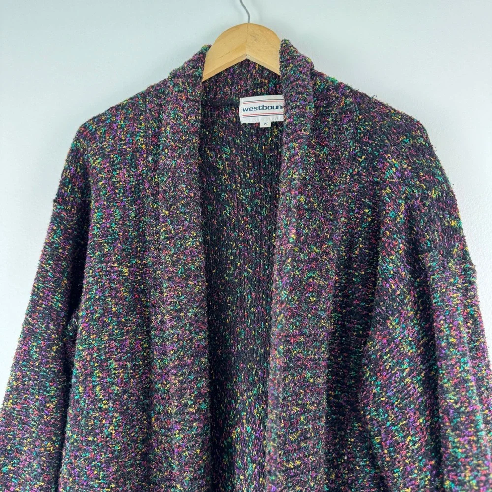 Westbound Vintage 80s Rainbow‎ Confetti Knit Open Cardigan Sweater Coat Black M